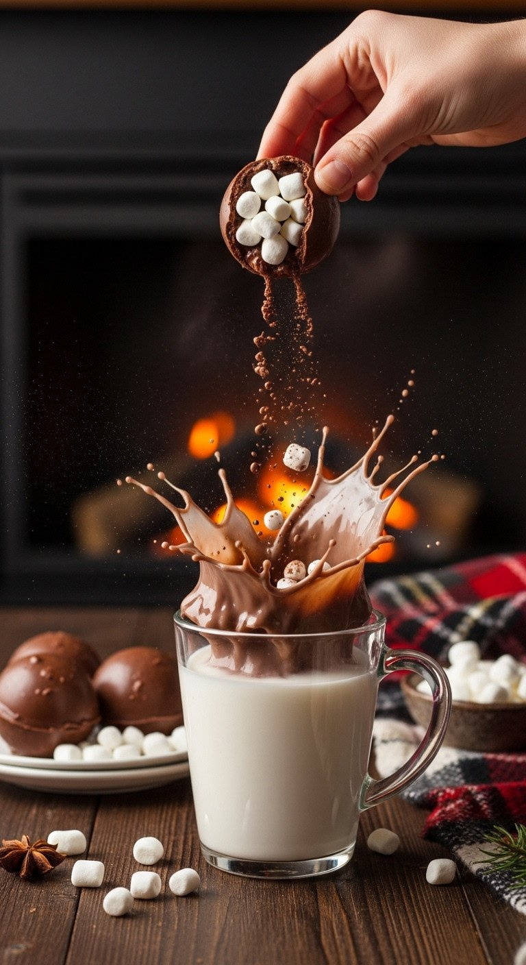 Action Shot Of A Hot Chocolate Bomb Exploding With Marshmallows And Cocoa After Being Dropped Into A Mug Of Hot Milk.