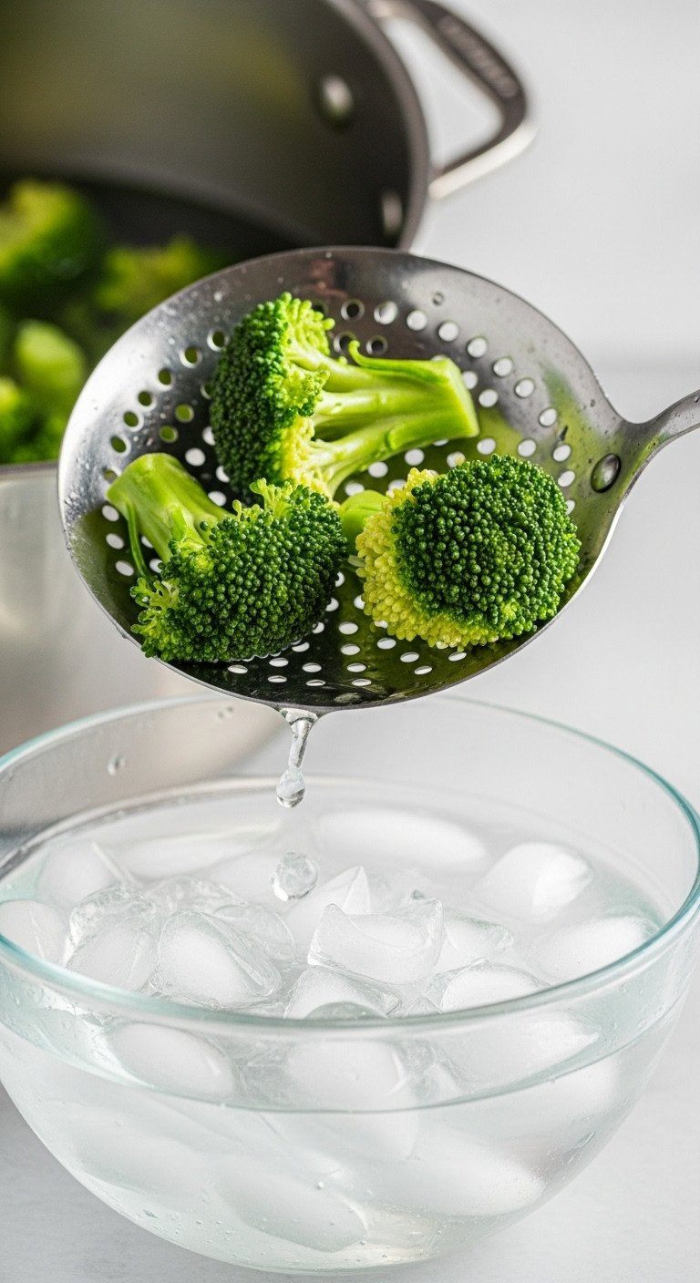 Action Shot Of A Slotted Spoon Transferring Vibrant Green Blanched Broccoli Florets Into A Clear Glass Bowl Of Ice Water.