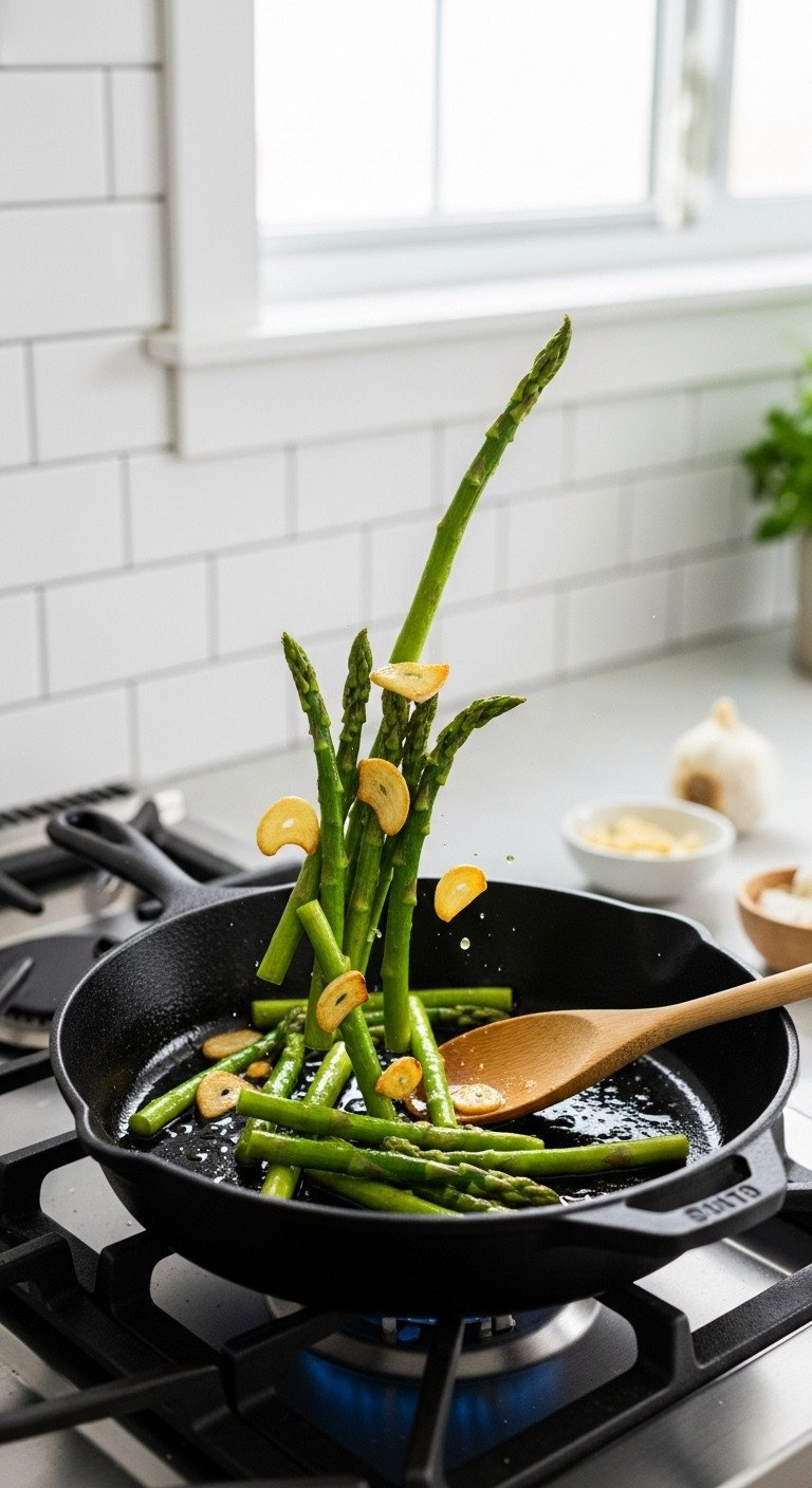 Action Shot Of Garlicky Sautéed Asparagus Being Tossed In A Black Cast-Iron Skillet On A Modern Gas Stovetop.