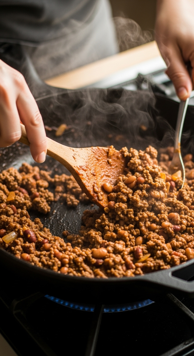 Action Shot Of Hands Stirring A Steaming, Seasoned Ground Beef And Bean Mixture In A Cast-Iron Skillet, With Warm Lighting Highlighting The Rich Browns And Reds For Loaded Beef Nachos Preparation