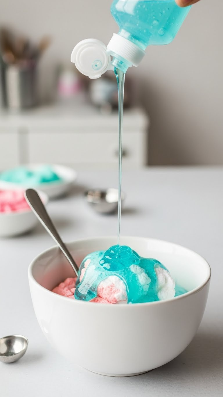 Activating Spider Web Slime With Contact Lens Solution Showing Initial Clumping And Transformation In Mixing Bowl