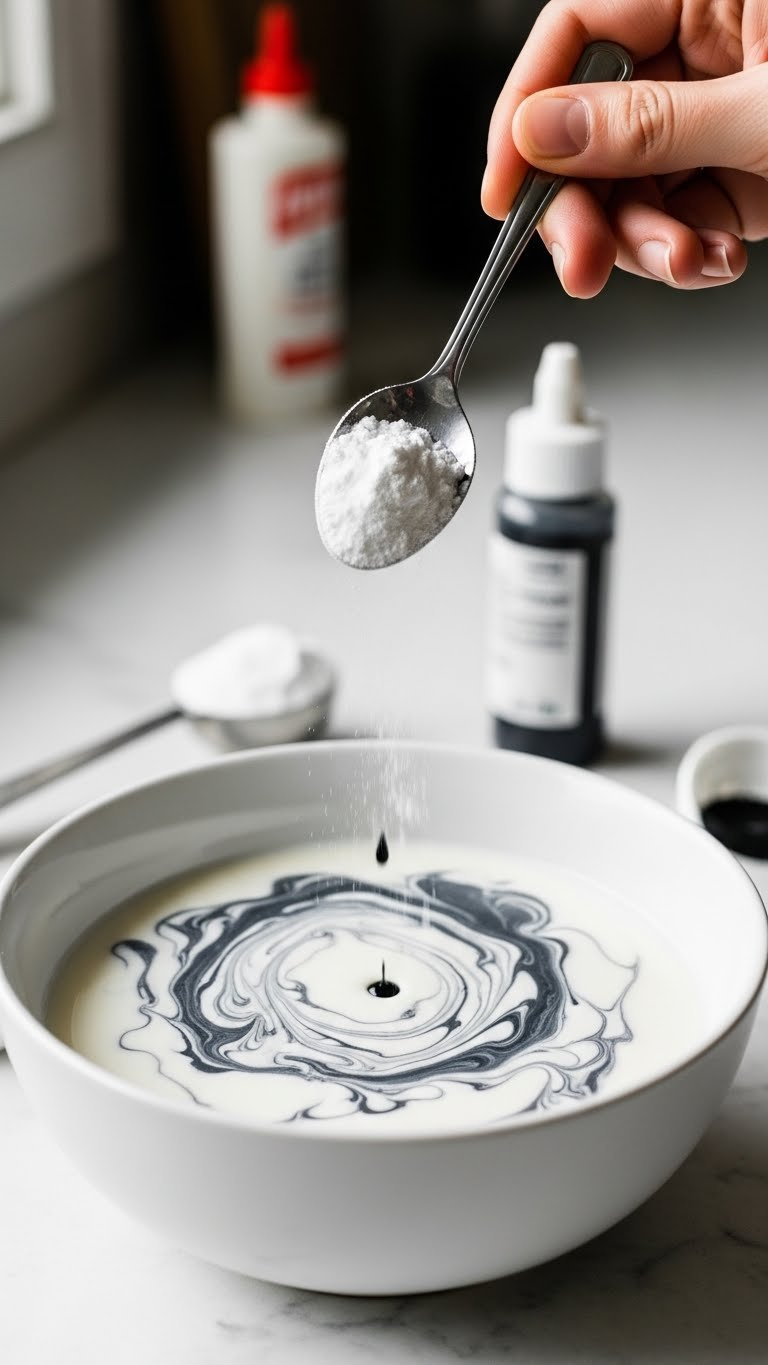 Adding Baking Soda And Black Food Coloring To Glue Mixture Creating Marbled Effect In White Ceramic Bowl