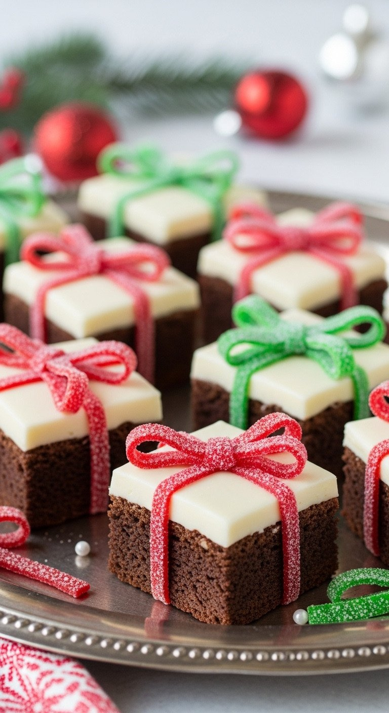 Adorable Christmas Present Brownies Decorated With Frosting And Edible Ribbons, Arranged On A Polished Silver Platter.