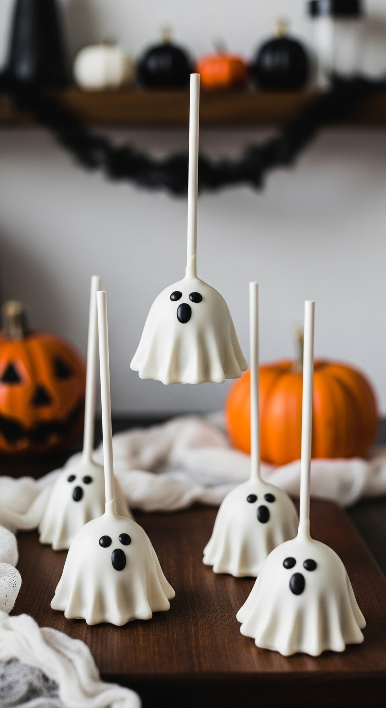 Adorable Ghost Cake Pops With Black Eyes And Mouth On A Dark Wood Surface With Cheesecloth And A Pumpkin