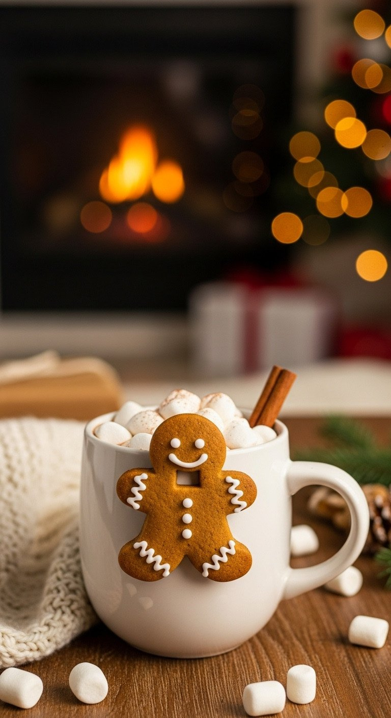 Adorable Gingerbread Mug Hanger Cookie On White Mug With Hot Cocoa &Amp; Marshmallows; Festive Holiday Treat For Drinks.