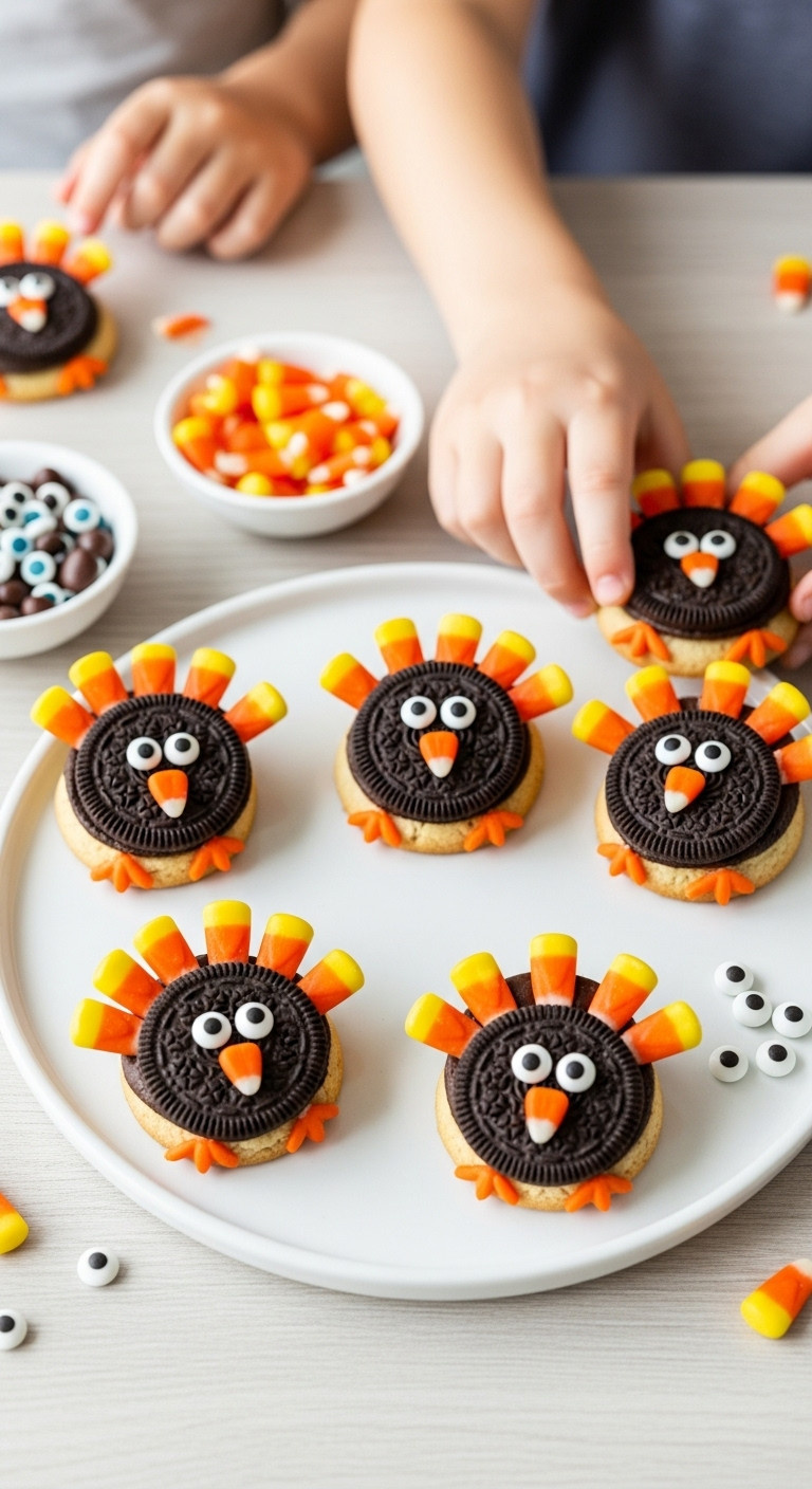 Adorable Oreo Turkey Cookies On A White Platter With Candy Corn Feathers, Malted Milk Head, Candy Eyes For Holiday Fun.