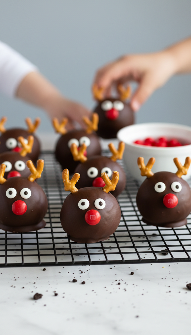 Adorable Reindeer Oreo Balls With Pretzel Antlers, Candy Eyes &Amp; Noses On A Cooling Rack; Chocolate-Coated Holiday Truffles.