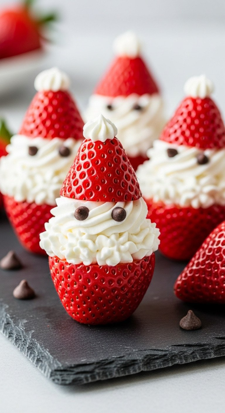 Adorable Strawberry Santas: Whipped Cream Beards, Chocolate Eyes, On Dark Slate. Delicious Christmas Treat.