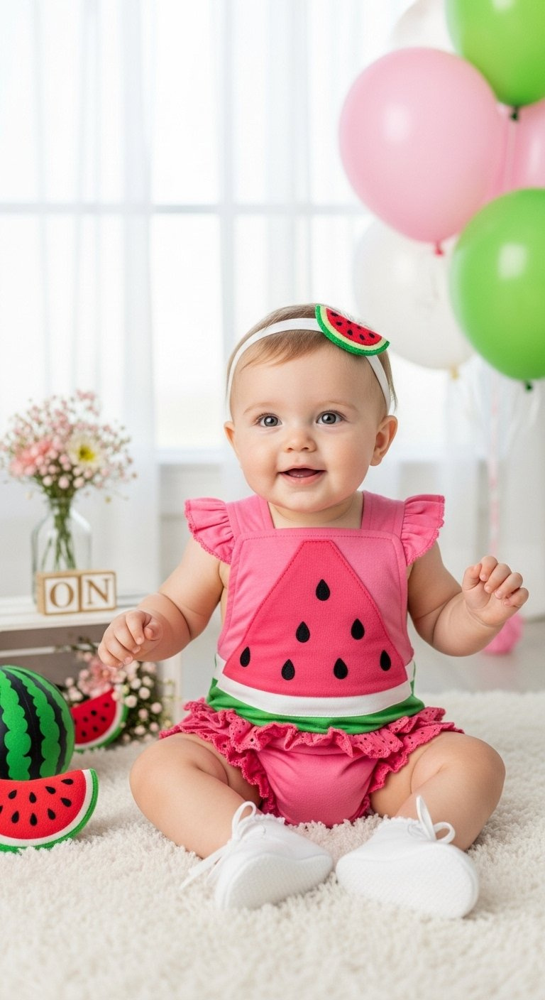 Adorable Baby Wearing Pink And Green Watermelon Romper With Ruffles And Matching Headpiece.