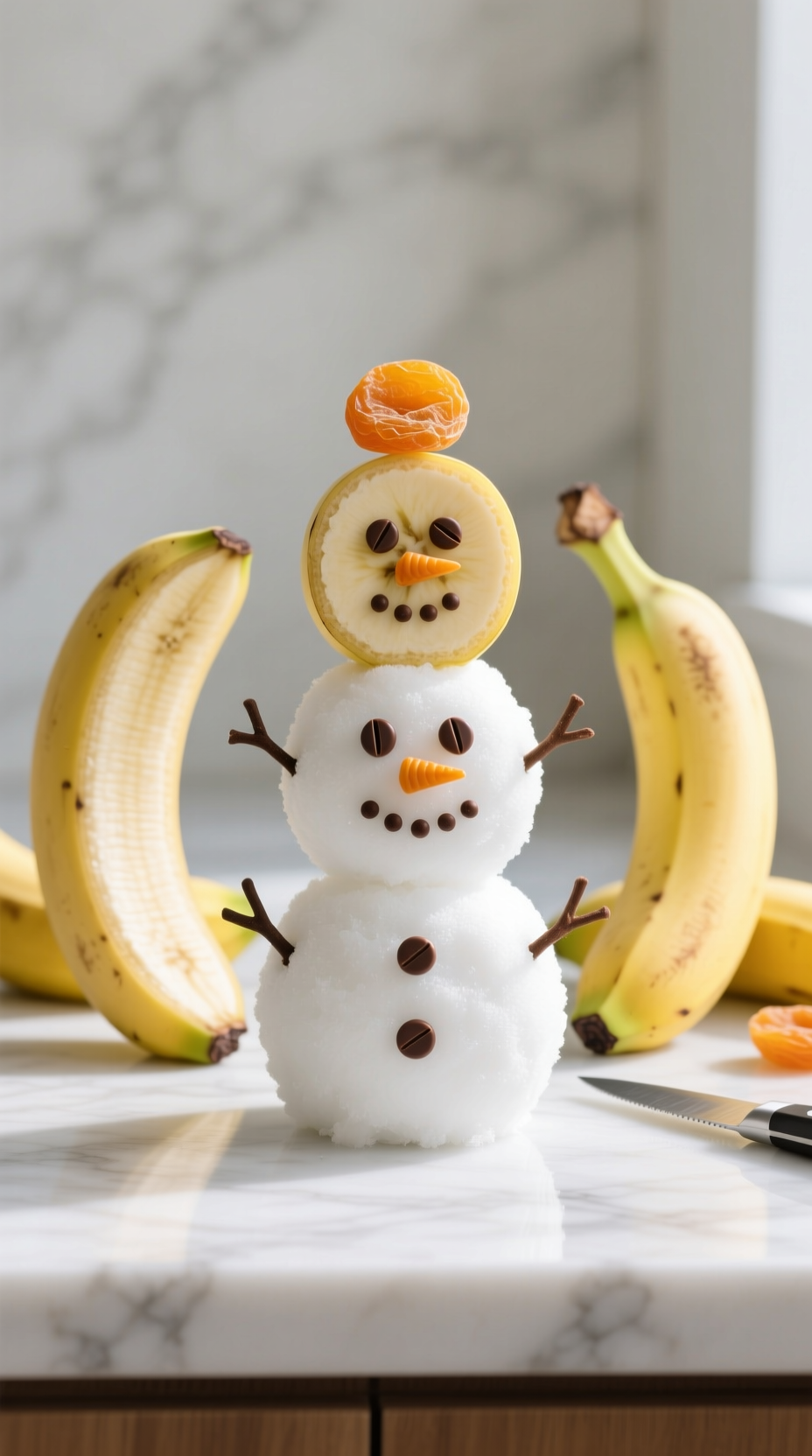 Adorable Banana Snowmen With Chocolate Chip Eyes And Apricot Noses, Standing On A White Plate On A Marble Counter.