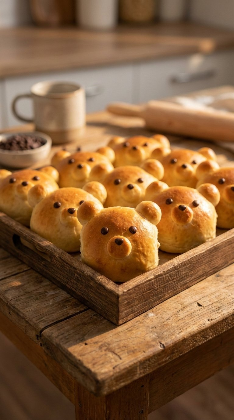 Adorable Bear-Shaped Milk Buns With Chocolate Chip Eyes And Noses On Rustic Wooden Table