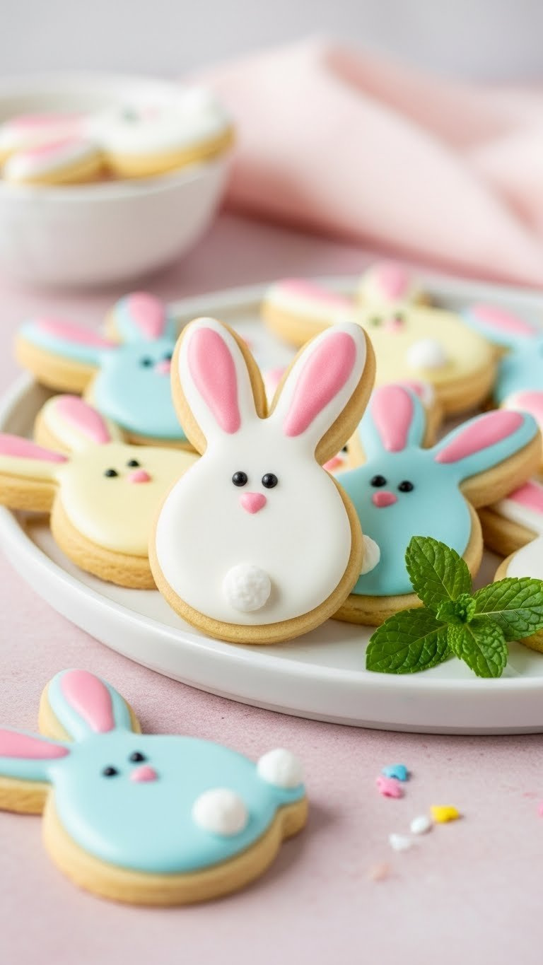 Adorable Bunny Shaped Sugar Cookies With White Icing And Pink Inner Ears Arranged On White Ceramic Platter Against Soft Pastel Pink Background