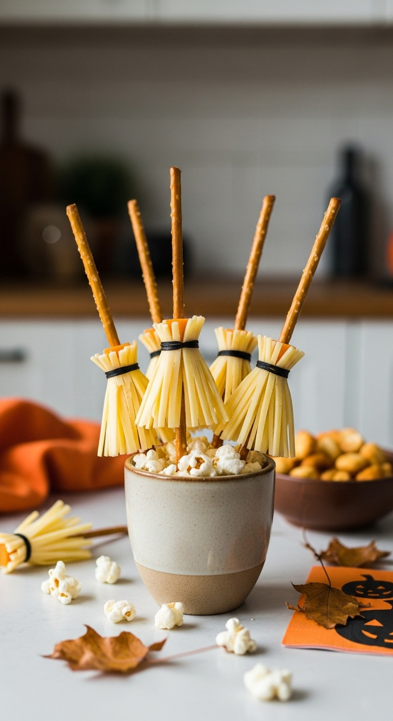 Adorable Cheesy Broomsticks With Pretzel Handles In A Pot Of Popcorn, Rustic Halloween Appetizer.