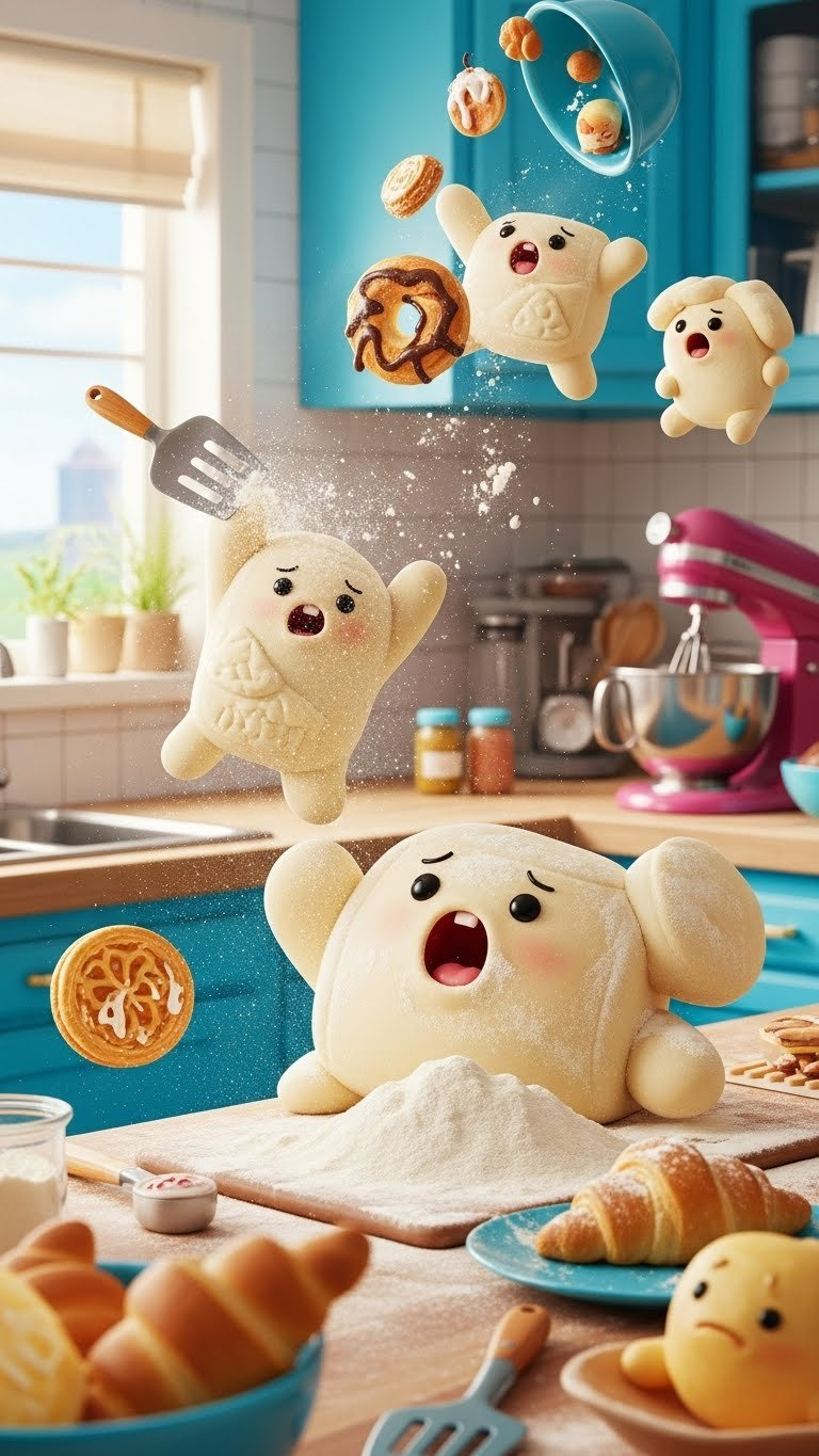 Adorable Dough-Creature Characters Baking Energetically In Colorful Kitchen With Flour Dust And Pastries