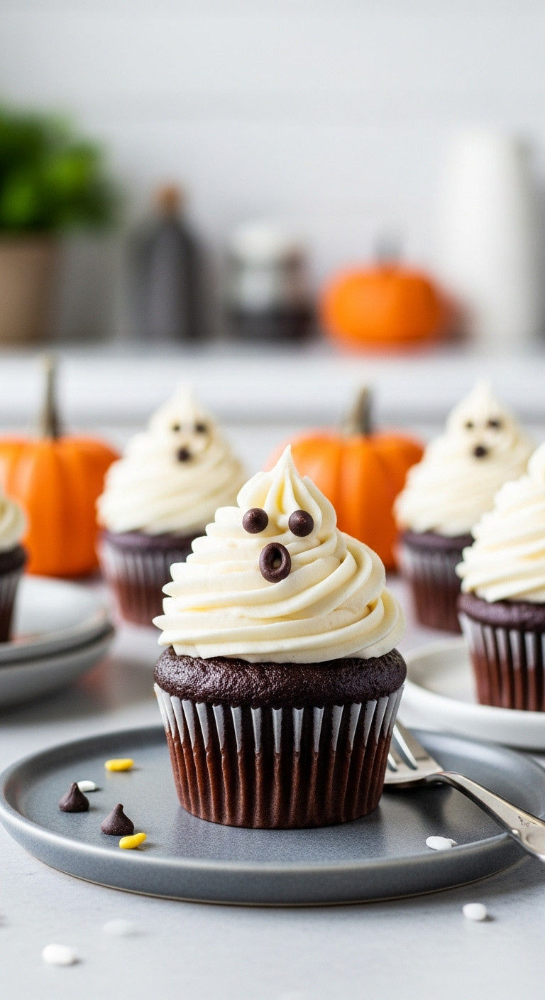 Adorable Gluten-Free Ghost Cupcakes On A Slate Gray Platter With Halloween Decor