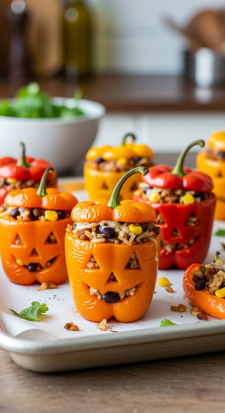 Adorable Jack O' Lantern Stuffed Mini Bell Peppers With Savory Filling, Fresh From The Oven, Festive Halloween Food.