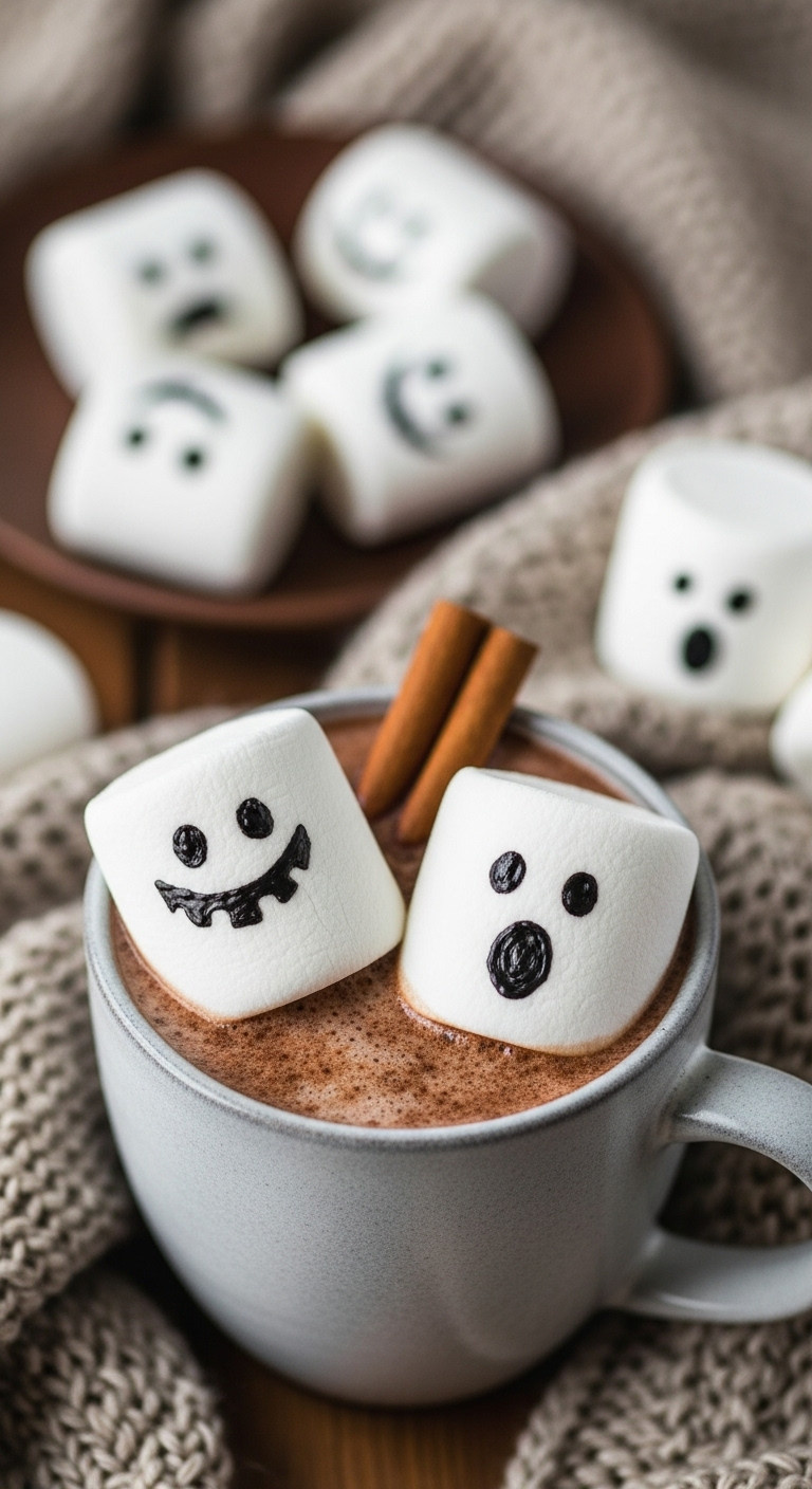 Adorable Marshmallow Ghosts With Drawn Faces Floating In A Mug Of Hot Cocoa