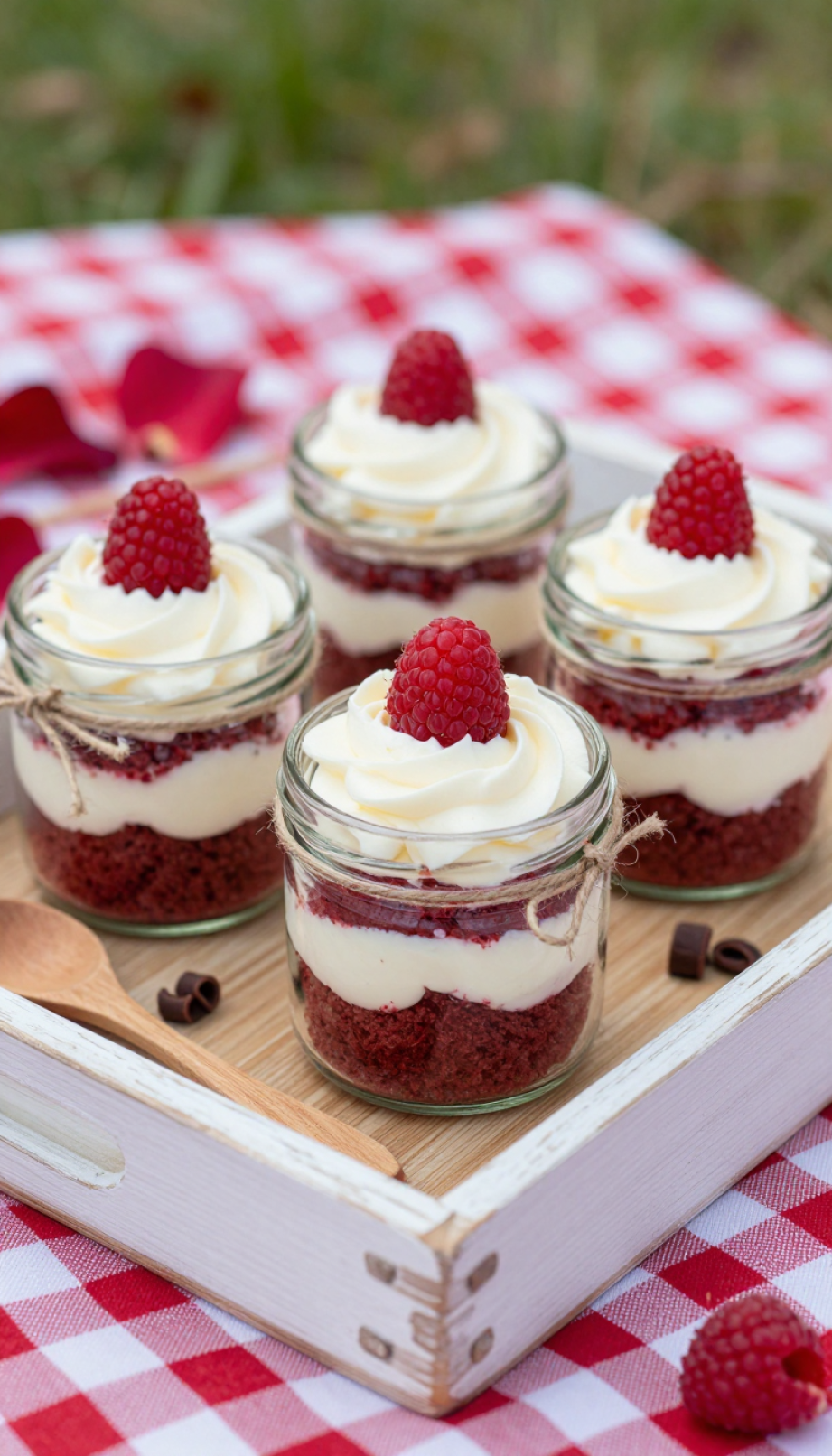 Adorable Mini Red Velvet Cake Jars Layered With Cake Crumbs And Cream Cheese Frosting Topped With Raspberries