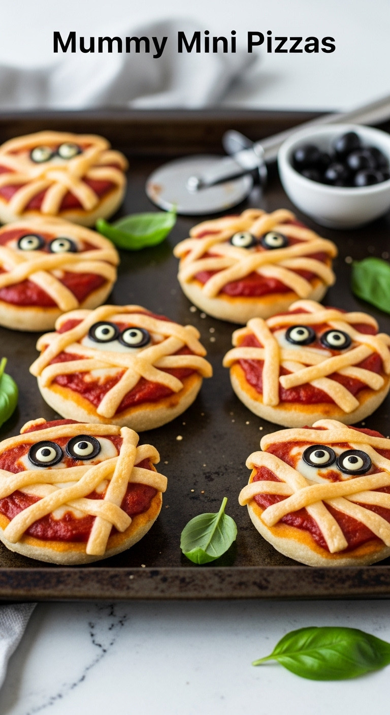 Adorable Mummy Mini Pizzas With Cheese Bandages And Olive Eyes, On A Dark Baking Sheet With Basil. Fun Halloween Dinner Idea.