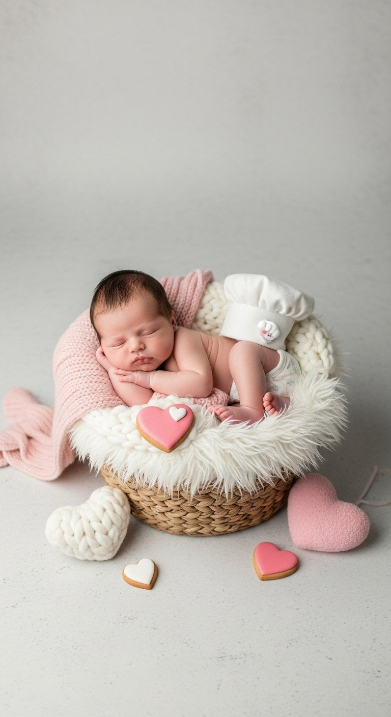 Adorable Newborn Baby Sleeping In Soft Basket With Pink Yarn And Heart Props. Peaceful Valentine's Day Baby Photoshoot.