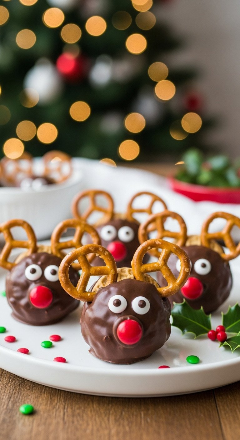 Adorable No-Bake Reindeer Cookies With Pretzel Antlers And Red Candy Noses Arranged On A Festive White Plate For Christmas.
