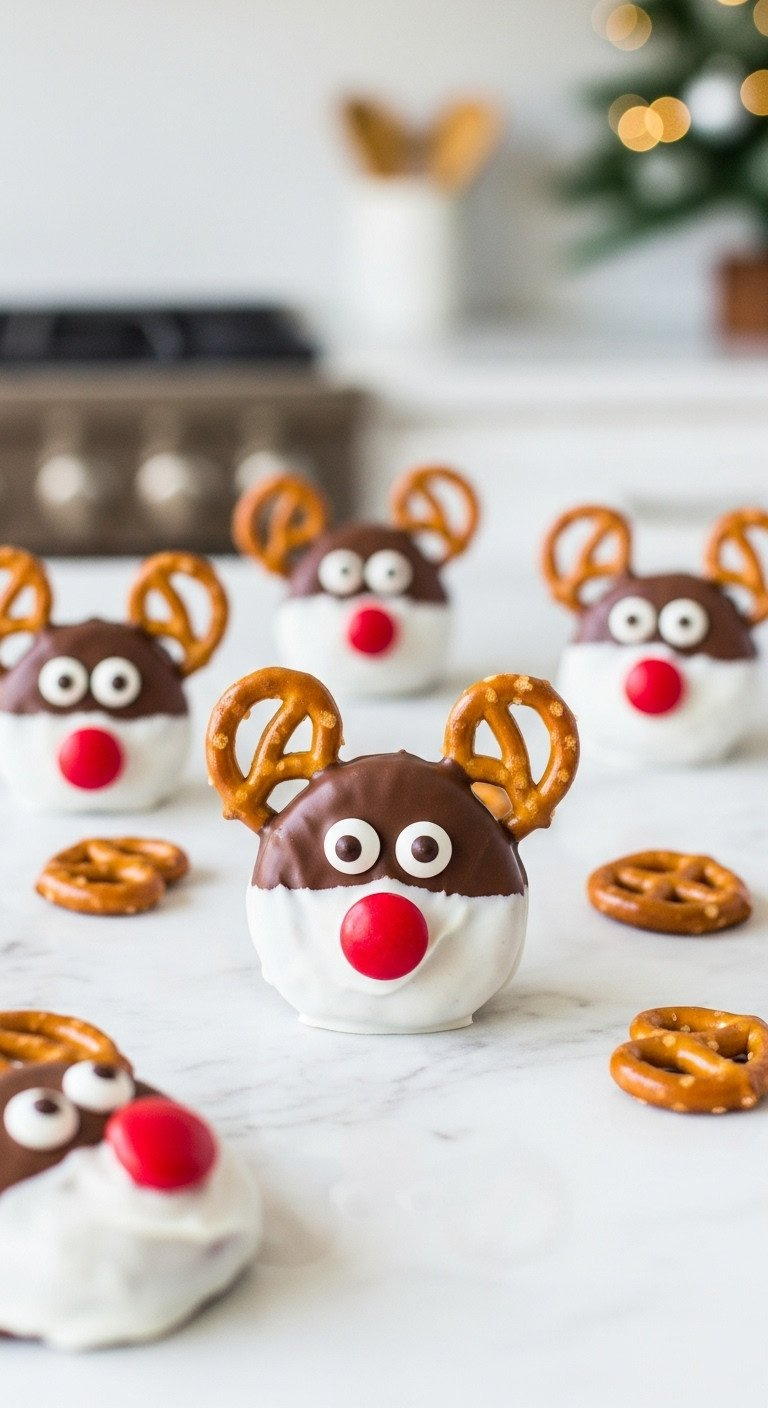 Adorable No-Bake Reindeer Pretzels, Dipped In Milk Chocolate With Candy Eyes And Red Noses, Arranged On A White Marble Countertop. Perfect Festive Christmas Snack.