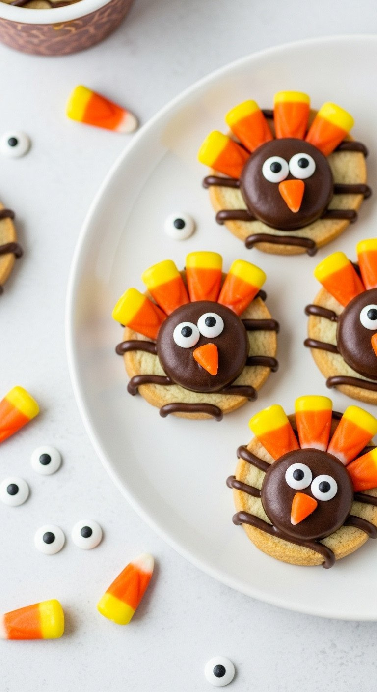 Adorable No-Bake Turkey Cookies With Candy Corn Feathers, Chocolate Heads, And Candy Eyes On A White Plate, Festive.