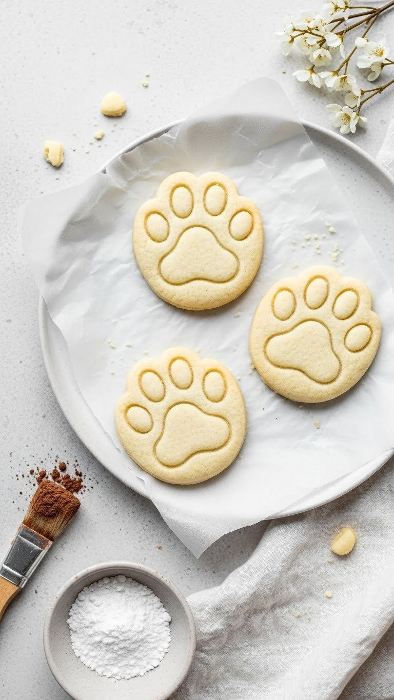 Adorable Polar Bear Paw Print Cookies With Thumbprint Design On White Linen Tablecloth In Bright Daylight