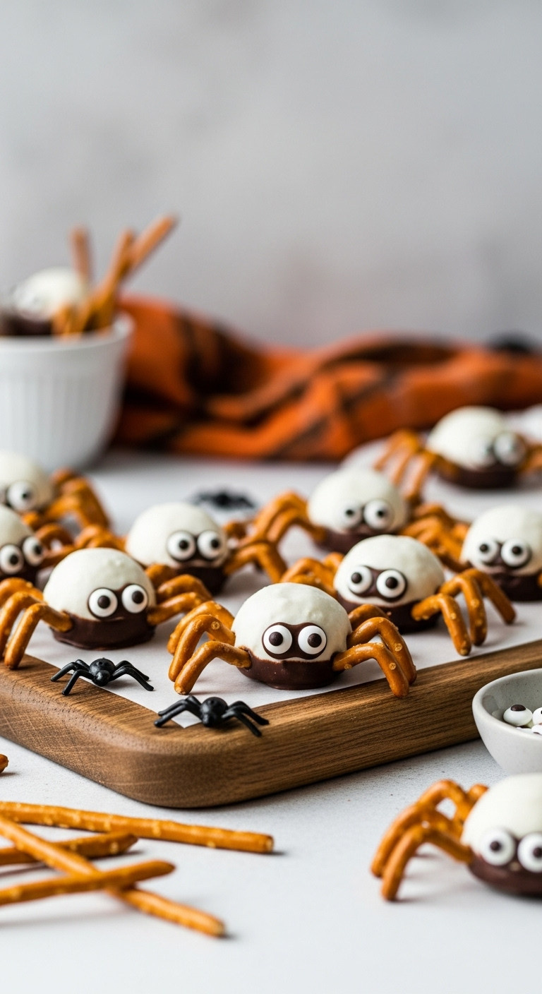 Adorable Pretzel Spiders With Candy Eyes And Stick Legs On A Rustic Wooden Board, Halloween Party Snack.