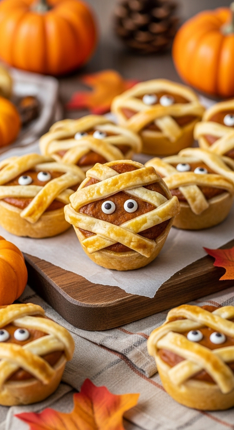 Adorable Pumpkin Pie Mummies, Flaky Golden-Brown Crust, Spiced Filling, Candy Eyes, Rustic Board, Autumn Decor.