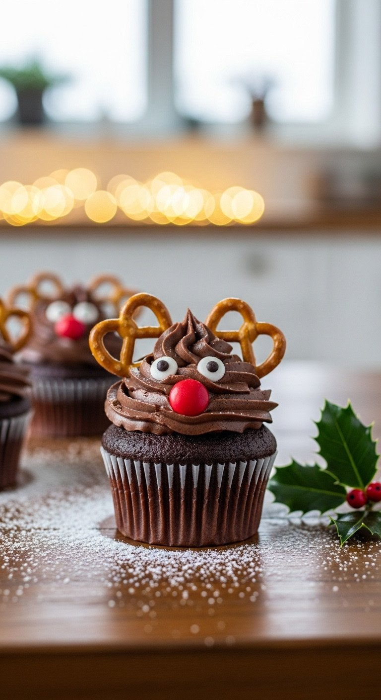 Adorable Reindeer Chocolate Cupcake With Pretzel Antlers, Candy Eyes, And Red Nose, On A Rustic Table With Christmas Lights And Holly.