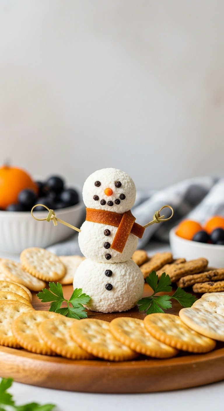 Adorable Snowman Cheese Ball With Carrot Nose, Scarf, &Amp; Crackers On Wood Board. Whimsical Festive Holiday Party Appetizer.