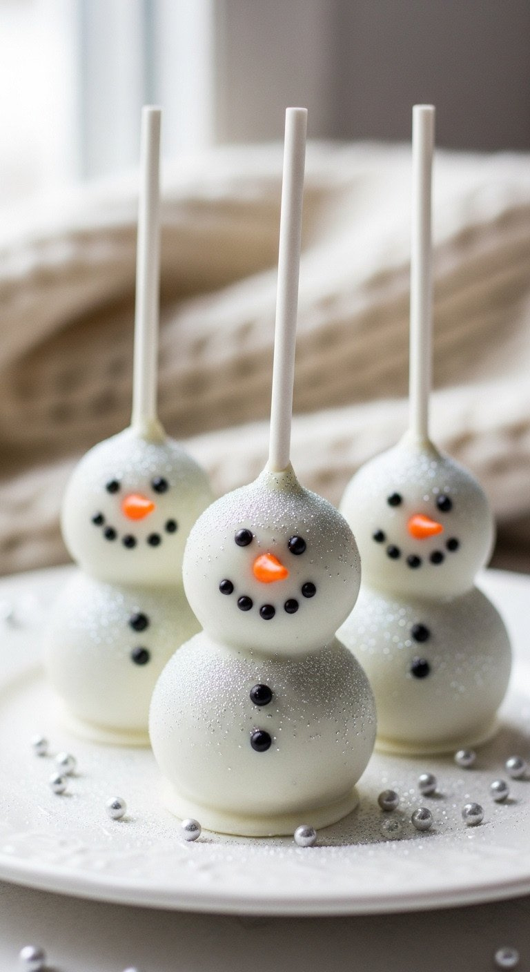 Adorable Vanilla Snowman Cake Pops With Silver Glitter, Black Eyes, Orange Noses On A White Plate In A Cozy Winter Scene.
