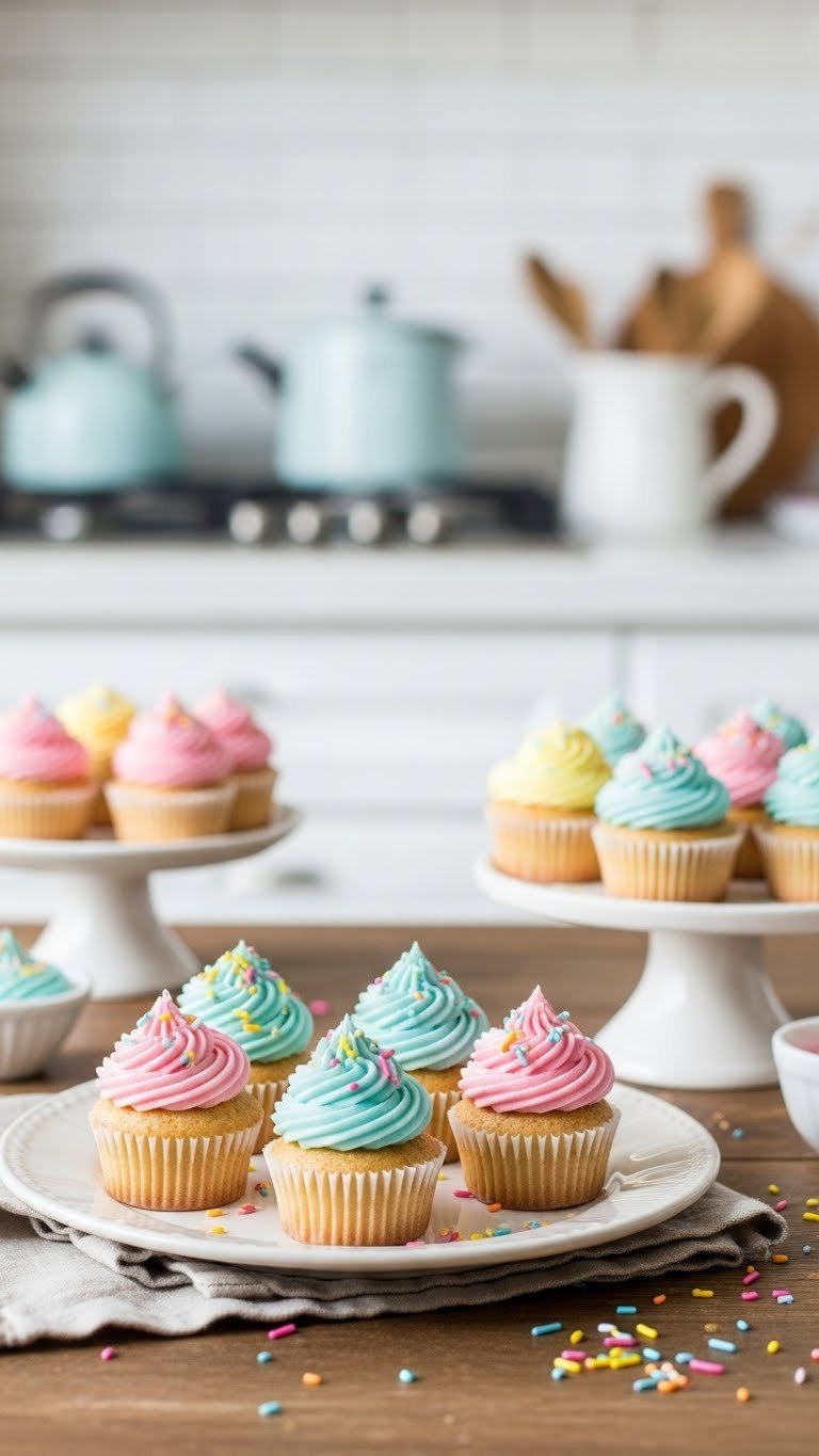 Adorable Vegan Mini Cupcakes With Vibrant Pastel Buttercream Frosting And Delicate Sprinkles Arranged On Rustic Wooden Table