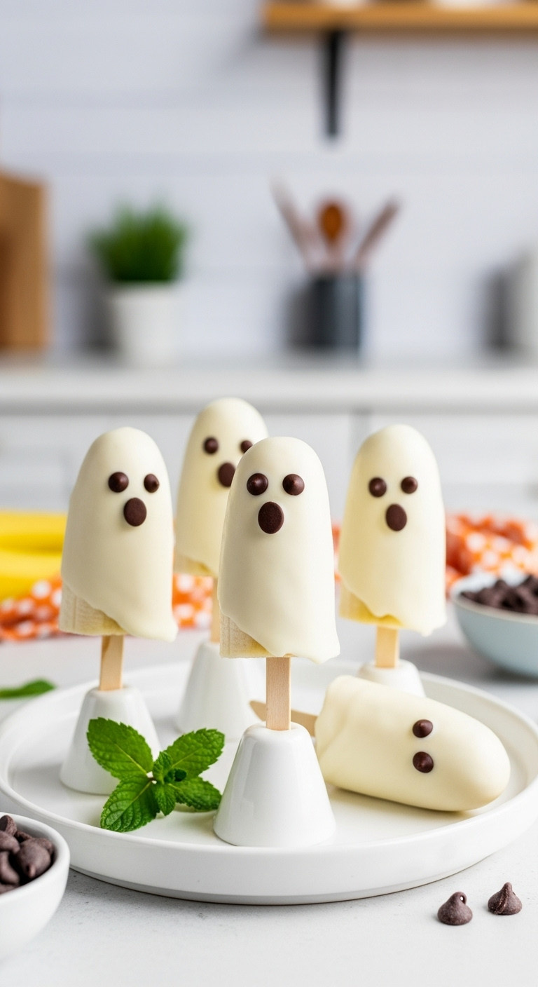 Adorable White Chocolate Covered Banana Ghost Pops With Chocolate Chip Eyes On A Clean Ceramic Platter.