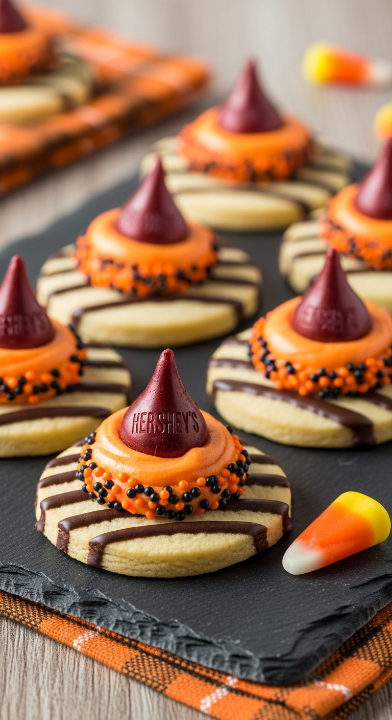 Adorable Witch Hat Cookies With Fudge Shortbread Orange Frosting Hershey's Kiss And Sprinkles On A Dark Slate Tray