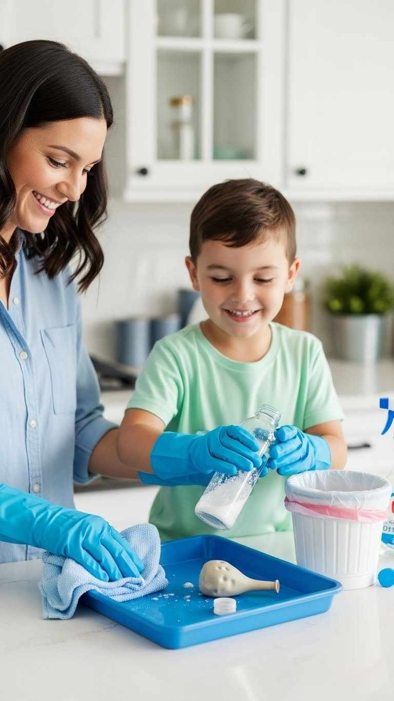 Adult And Child Cleaning Up Baking Soda Balloon Experiment Area With Bottle And Deflated Balloon Going Into Waste Bin