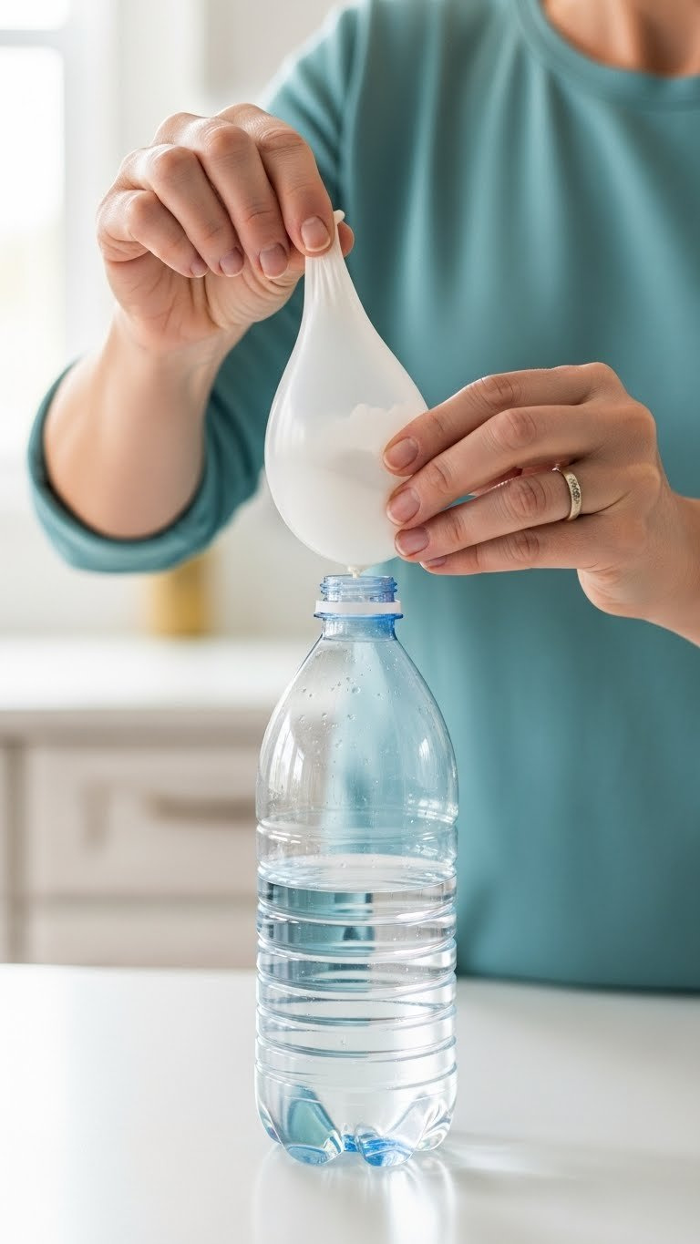 Adult Hands Stretching Baking Soda-Filled Latex Balloon Over Vinegar-Filled Plastic Bottle To Create Airtight Seal