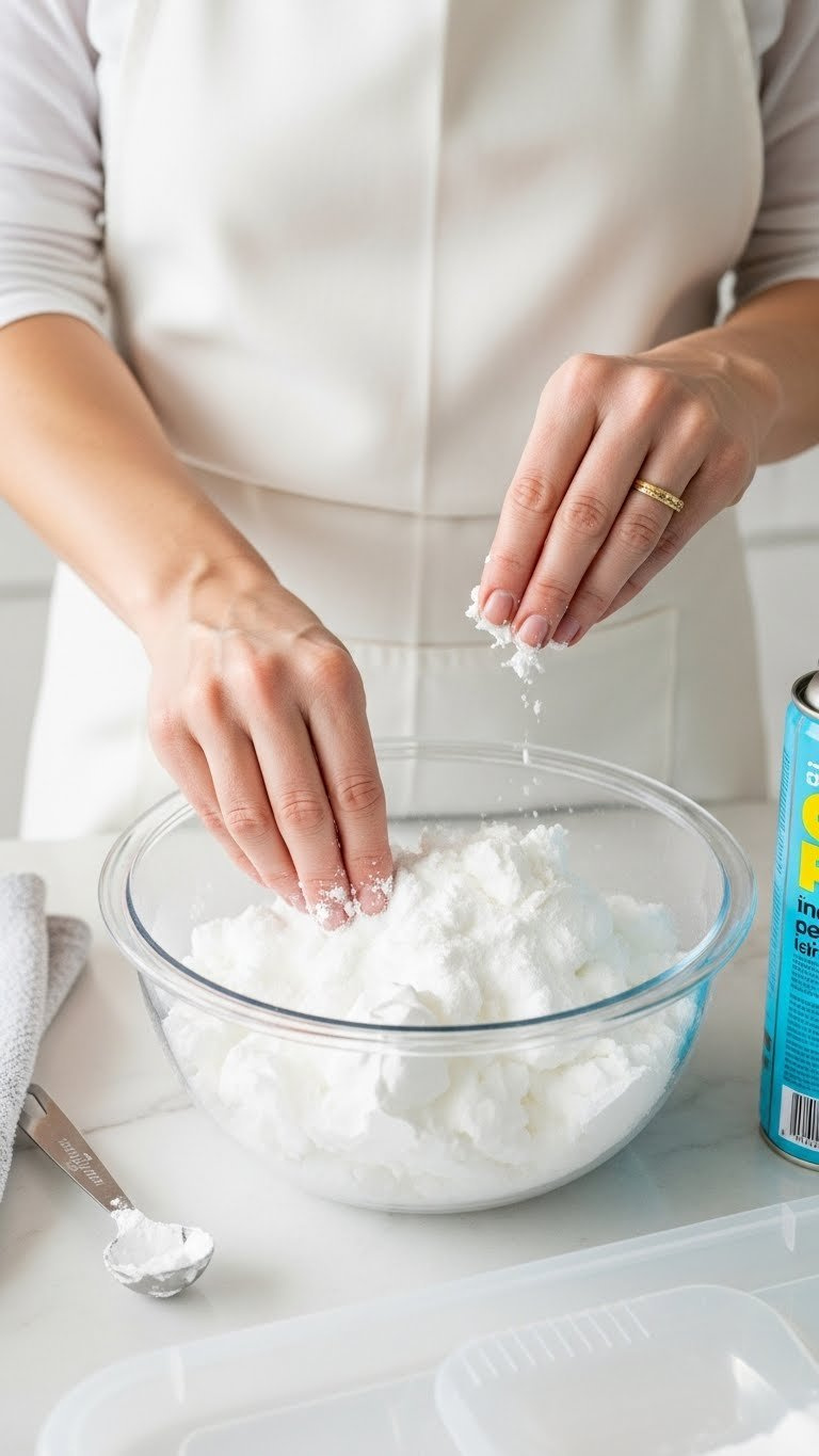 Adult Hands Troubleshooting Baking Soda And Shaving Cream Snow Mixture By Adjusting Consistency In Sensory Bin