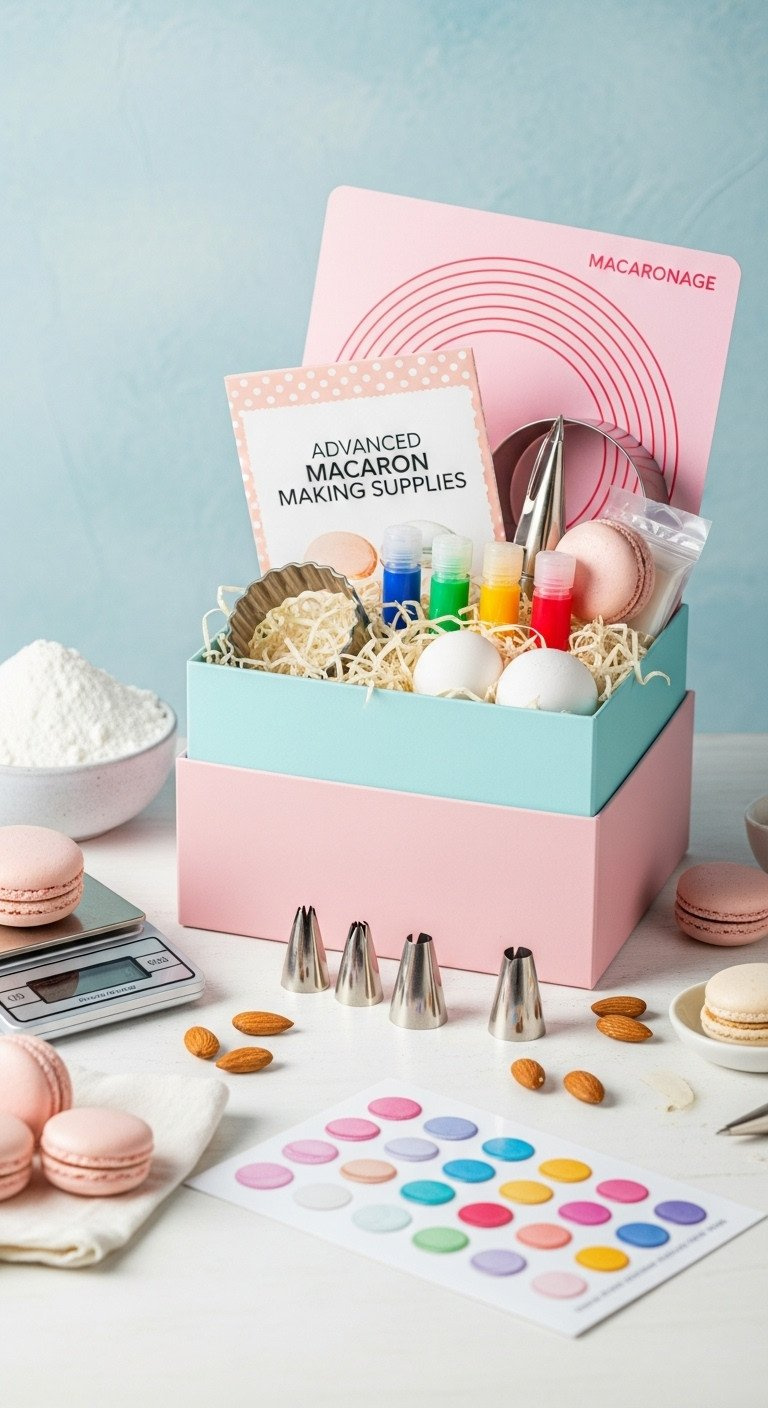 Advanced Macaron Kit In Pastel Box: Almond Flour, Egg Whites, Templates, Food Coloring, Piping Tips, Digital Scale.