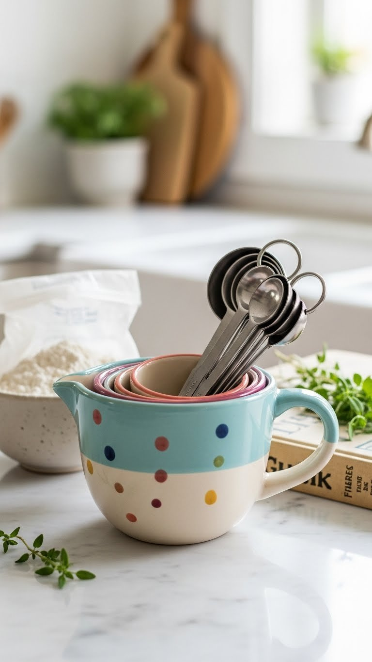 Aesthetic Ceramic Measuring Cups And Metal Spoons Arranged Neatly On Marble Countertop With Baking Ingredients