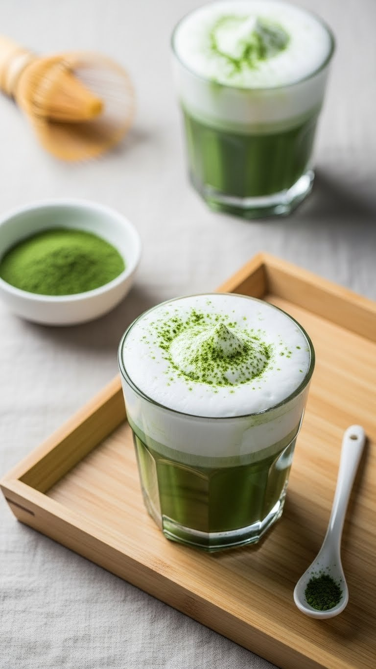 Aesthetic Matcha Cloud Drink With Vibrant Green Base And Thick White Foam Layer In Clear Glass On Wooden Tray.