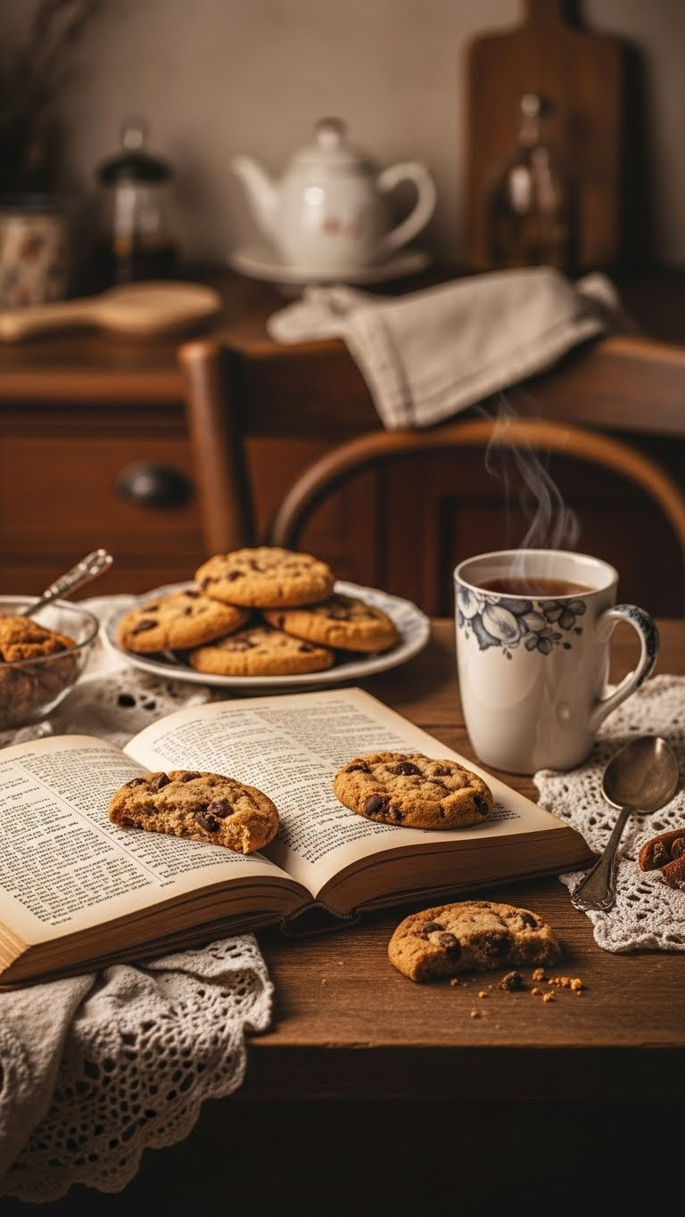 Aged Leather-Bound Recipe Book Open Surrounded By Warm Chocolate Chip Cookies And Steaming Tea Mug