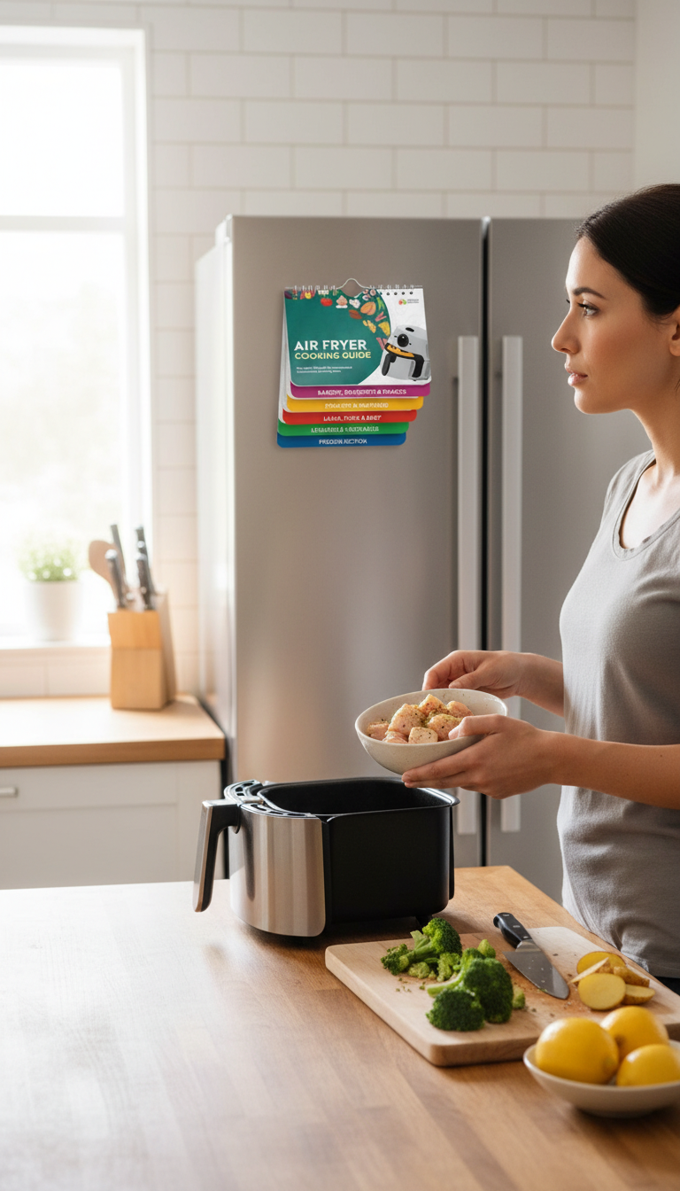 A Photo Of An Air Fryer Cheat Sheet Magnet On A Refrigerator Next To A Notepad And Pen, Signifying Testing And Logging Results.