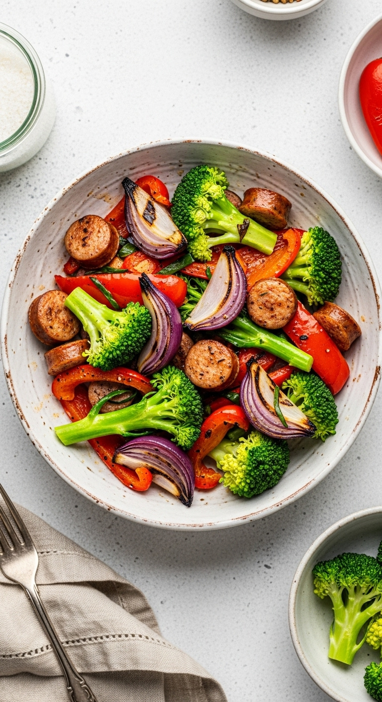 Air Fried Chicken Sausage And Vibrant Roasted Vegetables In A Rustic White Bowl With A Fork And Napkin