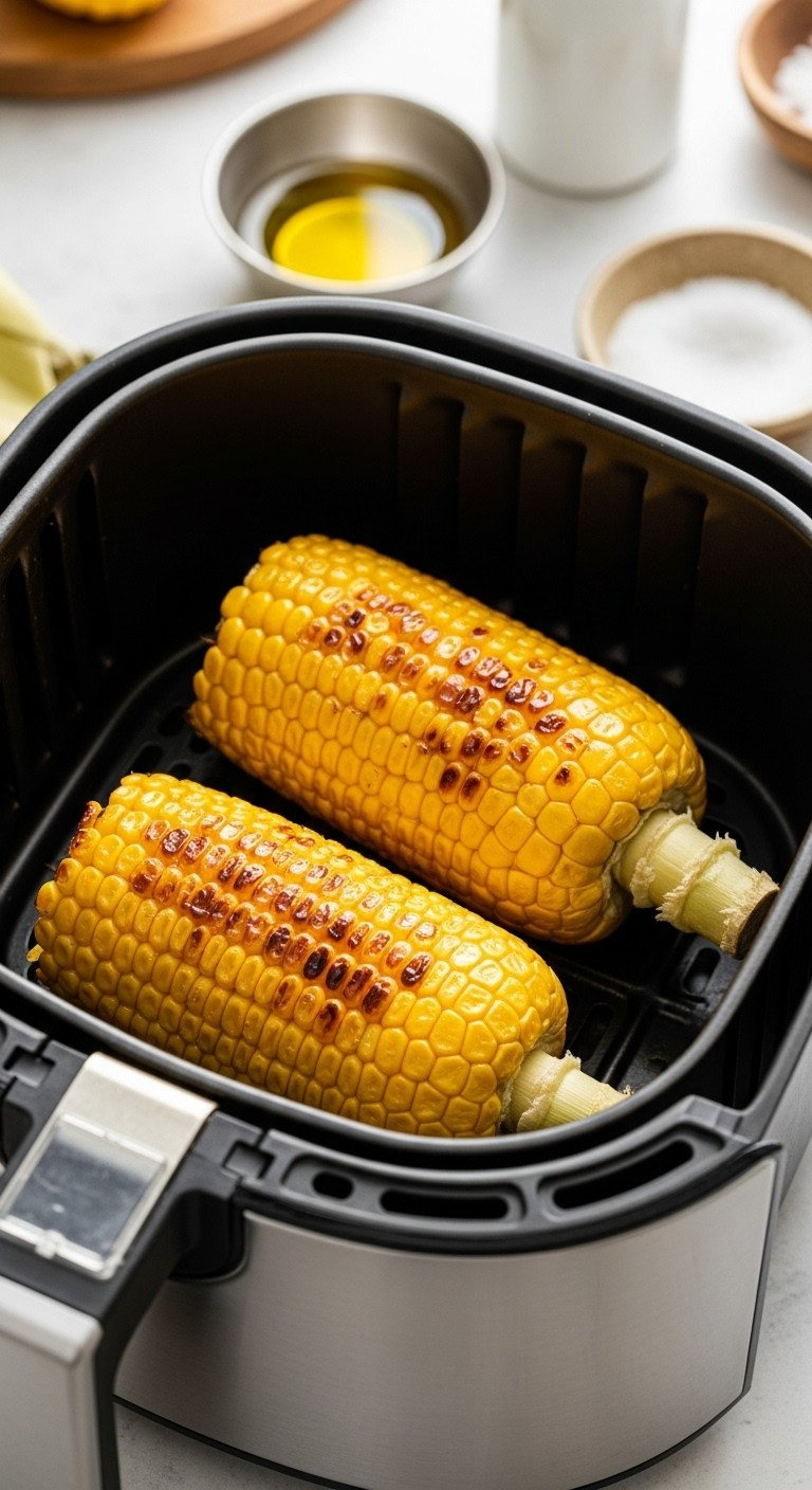 Air Fried Corn On The Cob: Shucked, Oil-Brushed Ears With Caramelized, Crispy Edges In Fryer Basket, Quick Modern Cooking.