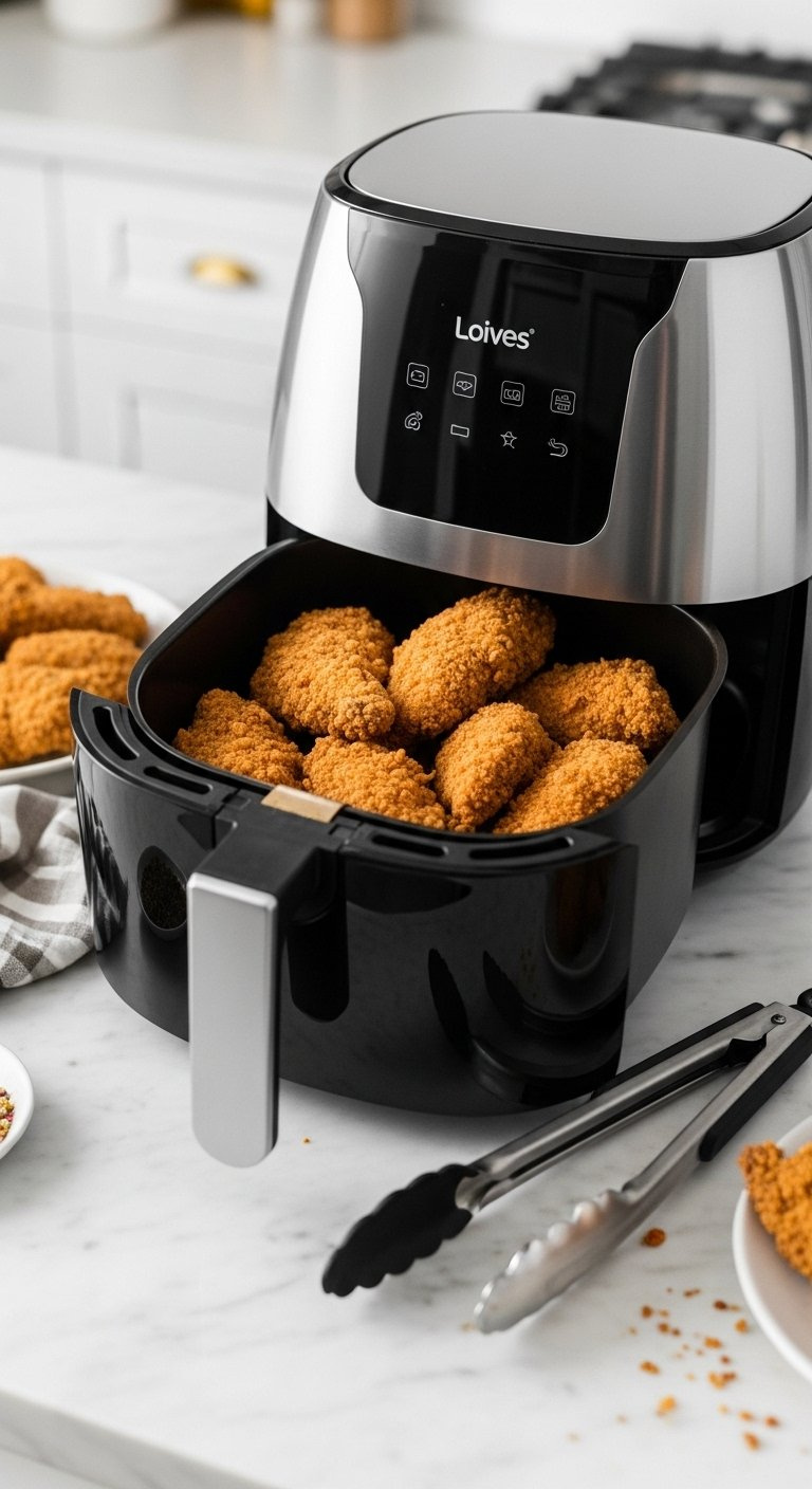Air Fryer Basket Filled With Golden Crispy Chicken Pieces Resting On A Clean Marble Countertop With Tongs Nearby.