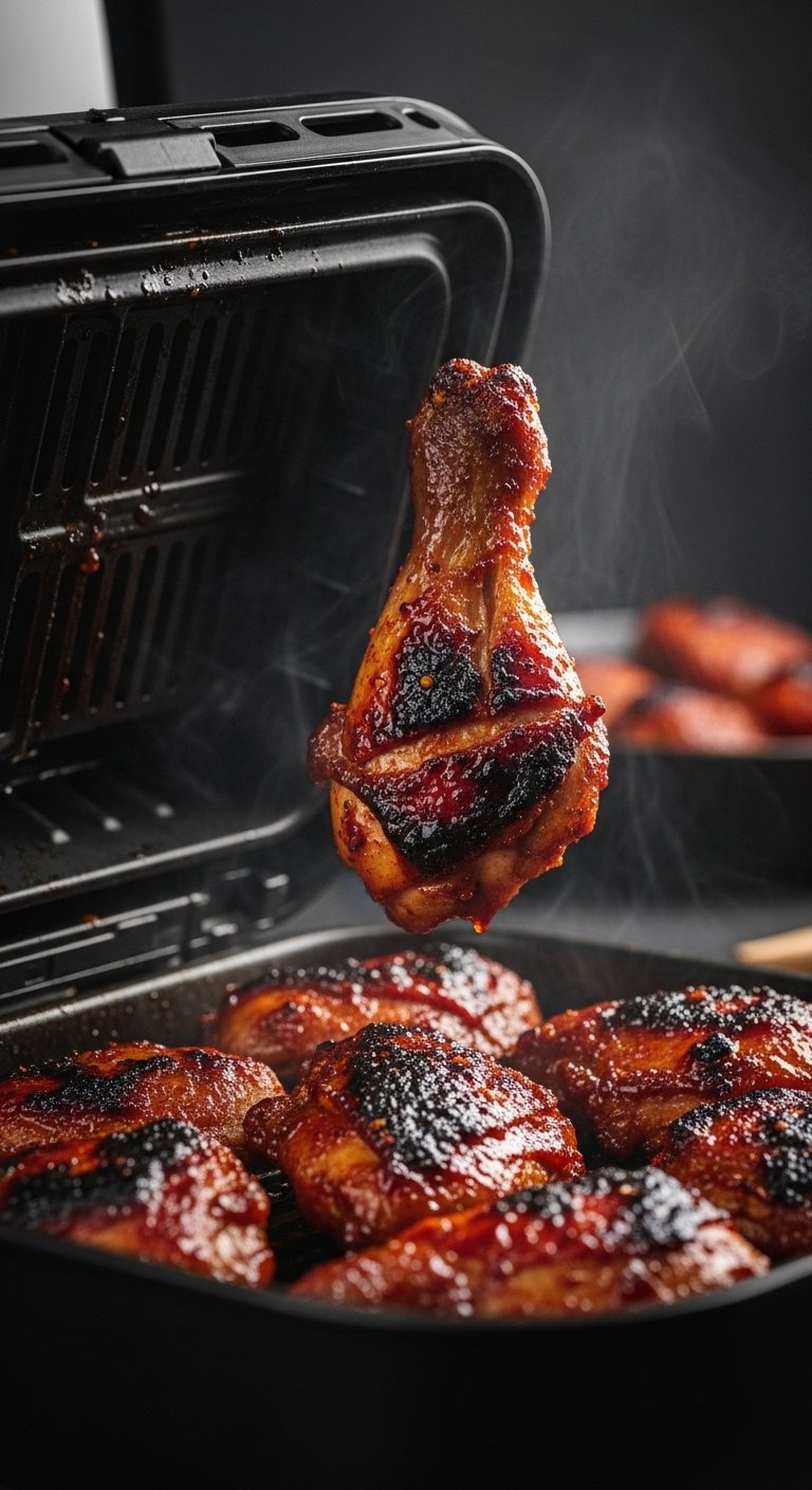 Air Fryer Basket Revealing Glistening Cooked Korean Bbq Chicken Pieces With Charred Crispy Edges.