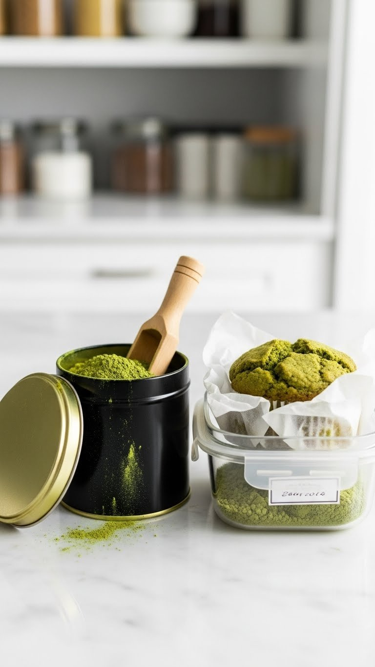 Airtight Container Of Matcha Powder With Bamboo Scoop Alongside Parchment-Wrapped Matcha Baked Goods On Marble Counter