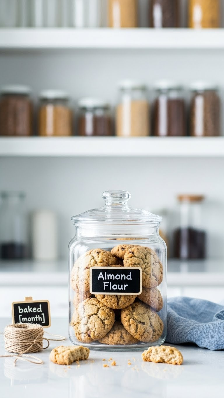 Airtight Glass Container Filled With Almond Flour Cookies On Organized Shelf With Pantry Background For Baking Storage